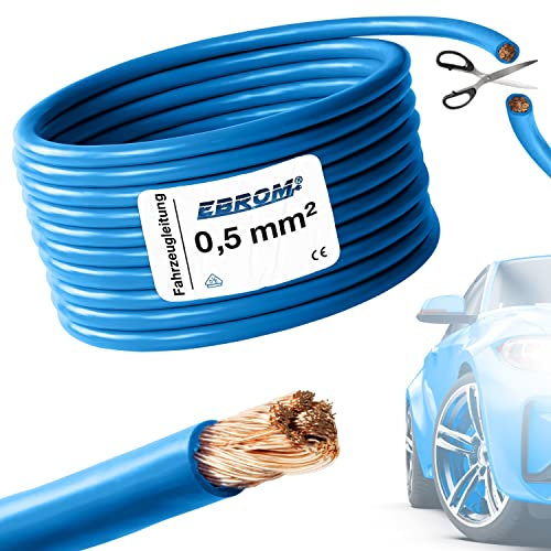 EBROM FLRY Fahrzeugleitung - KFZ Leitung – FARBE: blau – Querschnitt 0,5 mm² - Meterware – flexibel 90 ± 5 Shore - 99,99% Kupfer, Mantel Spezial PVC FLRy - Fahrzeugkabel KFZ Kabel Litze in 0,5mm2