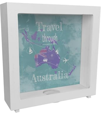 Rahmen Spardose aus Holz mit Australien Karte und Spruch - travel Through Australien als Geschenk für Urlauber die durch Australien Reisen wollen und Geld für den Flug und die