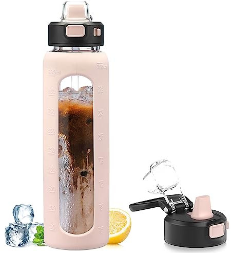 Kodrine Wasserflasche, 32 oz Glas-Wasserflasche mit Strohhalm, Flasche mit Verschlussdeckel auslaufsicher, Sport-Wasserkrug, motivierende Wasserflasche Zeitmarkierung, Zuhause, Rosa