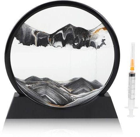 DBREAKS 3D Sandbilder zum Drehen, Dynamisches Sandbild, Fließende Sandmalerei runder Glas Rahmen, Bewegliche Sandkunst Landschaft, Desktop Dekoration für Erwachsene Kinder,Schwarz/12