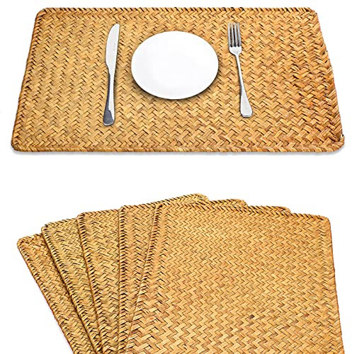 BSTKEY 6 Stück Natürliche Seegras Rattan Platzsets, Gewebte Tischmatte Platzset Kaffeepad für Esstisch und Küche, Rechteckig 17 x 11,8 (Karamell)
