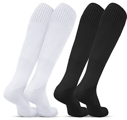 Halinuia 2 Paar Fußballsocken Lange - Unisex Bequeme Grip-Socken Grip Socken Fussball Kniestrümpfe für Jungen und Mädchen Fußballtraining Spiele （Schwarz Weiss）