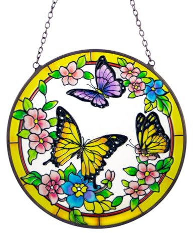 Schmetterling Buntglas-Sonnenfänger mit bunten Blumen, Sonnenfänger, für Innenfenster, hängende Ornamente, handbemalte Glasscheibe, Dekoration, Geschenk für Frauen, Weihnachten, Erntedankgeschenk