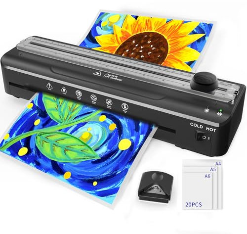 MAXDONE Laminator Machine A4 - Thermal Laminating Machine 4-in-1 Hot and Cold Laminator with Laminating Pouches Paper Trimmer and Corner Rounder No Bubbles Black