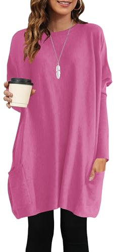 AUSELILY Maglione Donna Lungo Oversize Maglietta Donna Maniche Lunghe Leggero Pullover Girocollo Felpa T-Shirt Vestito con Tasche Fiore Rosa L