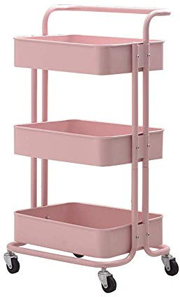 SCWZZWSY Carrello con ruote, carrello portaoggetti su ruote, carrello da cucina in metallo con 1 maniglia superiore, 4 ruote bloccabili e 3 cestini portaoggetti in rete per bagno, cucina, rosa