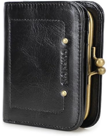 HalfPart Echter Leder Bifold Geldbörse für Frauen, Damen RFID-Blockierende Kreditkartenhalter mit Münzfach Portemonnaie 9 Kartenfächern Portmonee Damen Leder Portemonnaie mit Kiss-Lock Tasche,Black