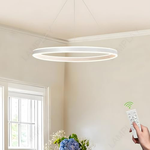 LAMPLAY Runde Moderne LED-Pendelleuchte, 1 Weiß Ring-Kronleuchter, Dimmbar Mit Fernbedienung 3000K-6000K Deckenleuchte, Höhenverstellbar, Foyer, Wohnzimmer, Schlafzimmer, Esszimmer(Ø60cm)
