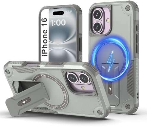 Tuvror Magnetic for iPhone 16 Case with Stand.[Compatible with MagSafe] Built-in Kickstand. Rugged Protection Heavy Duty Shockproof Case for iPhone 16.(Grey)