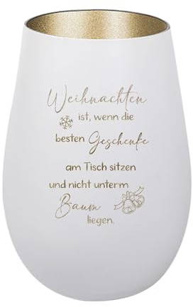 Der-Porzellan-Laden Windlicht mit Gravur, Weiß Gold, Teelichthalter Weihnachten aus Glas, Weihnachtsdeko Tischdeko