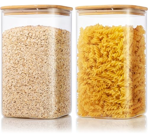 HomArtist Quadratische große Glasbehälter für Mehl- und Zucker, mit luftdichtem Deckel, 400 ml, 2 Stück, Glasdosen mit Bambusdeckel für Speisekammer, Glasdosen mit luftdichtem Deckel für Reis, Müsli,