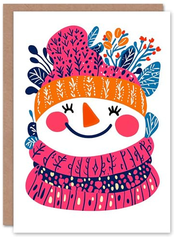 Wee Blue Coo Greeting Card Cute Smiling Snowman Pink Orange Modern Folk Art For Child Kids Xmas Christmas Card