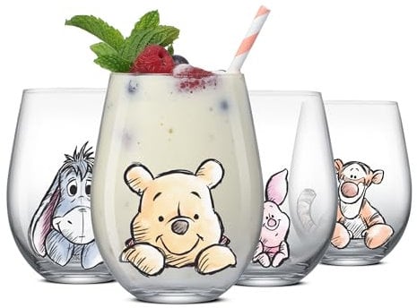 JoyJolt Winnie the Pooh 19 Oz Glass Tumblers, Set of 4 Stemless Kitchen Cups, Gift for Adults