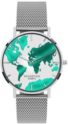 Woodstock Zambon Wasserdichte Uni-Uhr Sea Water – Zifferblatt weiß und blaugrün, Gehäuse aus Edelstahl und verstellbares Armband, Schwarz und Roségold, Minimalistisch