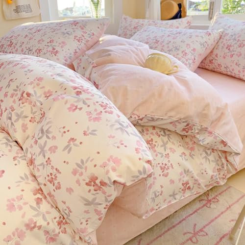 Sedefen Blumen Bettwäsche 200x220cm Rosa Rot Floral Bettbezug Blumen Pflanzen Kariert Herzen Wendebettwäsche Set Microfaser Renforce ÖKO-TEX Bettwäsche Set mit Reißverschluss und 2 Kissenbezug 80x80cm