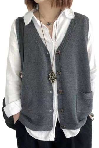 OKSakady Donne Pulsante Collo a V Senza Maniche Loose Maglione a Maglia Gilet a Strati Gilet Cardigan