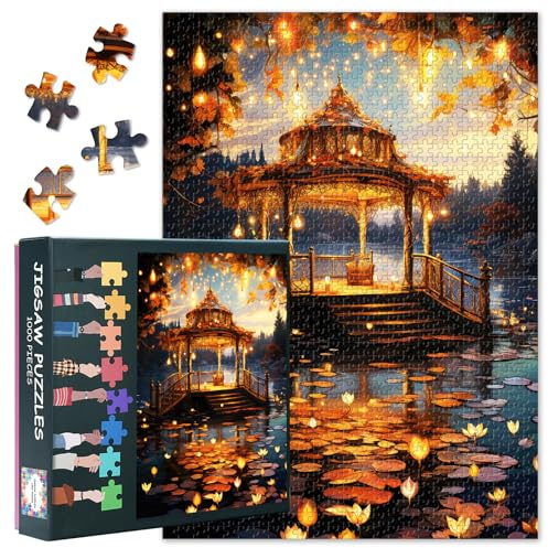 Puzzles for Adults 1000 Pieces, Gazebo on the Lake in Autumn Puzzle, Impossible 1000 Piece Jigsaw Puzzles for Home Wall Decor, 19.5 x 27.5 Inch