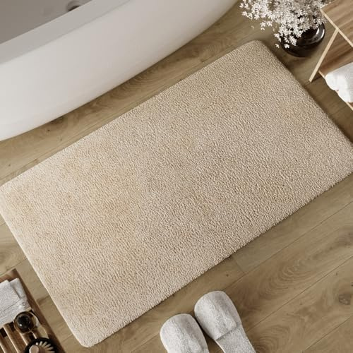 Wecon Home Badteppich Erik, 80 x 150 cm, beige | weicher, getufteter Baumwollteppich, Rutschhemmend & waschbar mit weichem Flor und klarer Optik