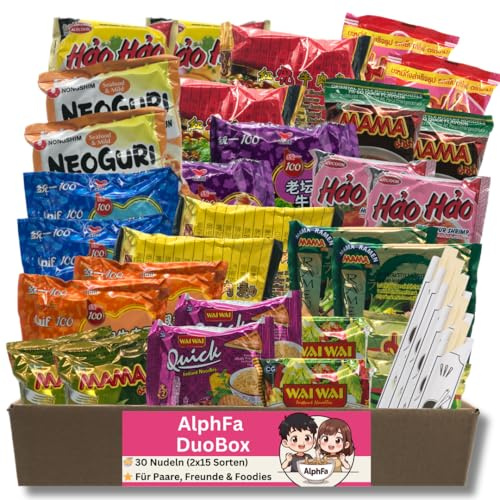 AlphFa DuoBox – 30 Asiatische Instant Nudeln (2x15 Sorten) - Ramen Box mit Geschmacksrichtungen wie Huhn, Rind, Ente, Meeresfrüchte - Geschenkbox inkl. Bewertungskarte & 5 Bambus-Essstäbchen