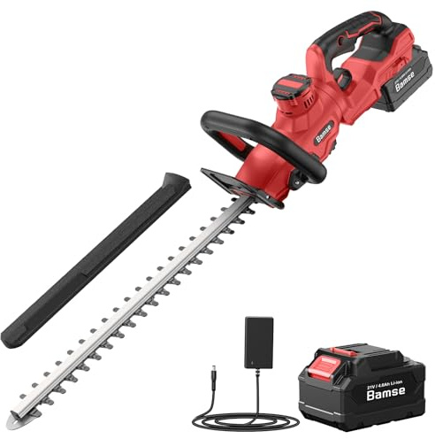 Heckenschere Akku, Bamse Heckenschere Elektrisch mit 4000mAh Akku, 180° Verstellbare Heckenschere, 51 cm Klingenlänge, 16 mm Zahnabstand, Klingenabdeckung für Hecken, Äste, Sträucher, Zweige (Rot)