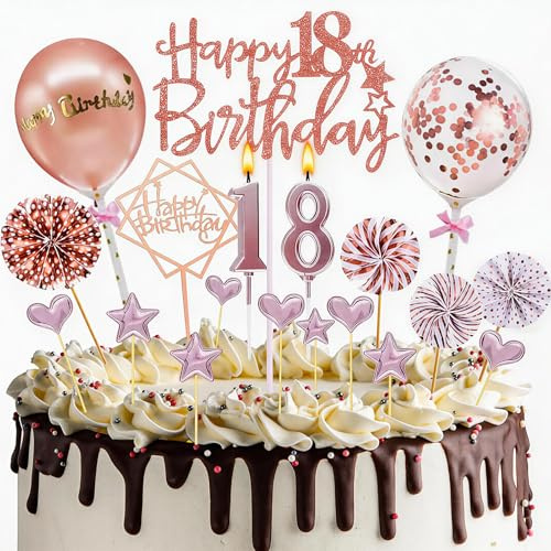 Oro Torta Topper 18. Geburtstag, 20Pcs Tortendeko Deko für Party Deko | 18 ter Cake Topper mit Geburtstagskerzen, für 18 Geburtstag Deko