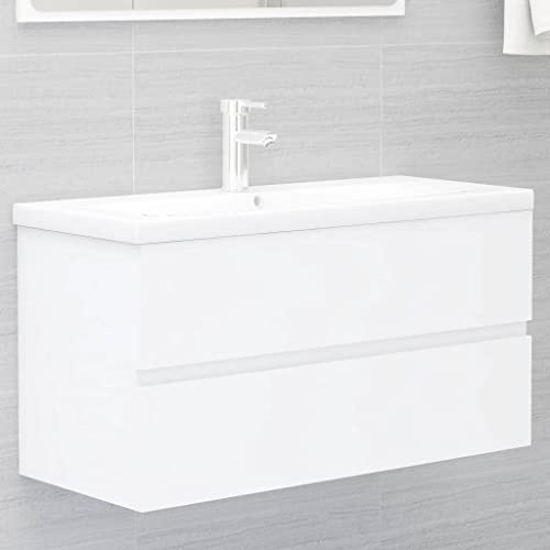 Owoxanthellate Waschbeckenunterschrank mit Keramikbecken Weiß 90x38,5x45 cm Moderner Badezimmer Waschtisch mit Schublade Einbaubecken mit Überlauf für kleine Bäder Gäste WC