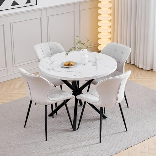 GrandCA HOME Juego de Mesa y Sillas de Comedor, 4 Sillas de Lino Color Blanco Roto y una Mesa de Comedor Redonda Moderna de 100 cm, Ideal para Cocina, Salón y Cafetería (Diseño de Mármol Blanco 1)