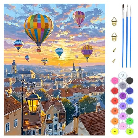 TOSTOG Pintura por Números para Adultos Globo aerostático Pintar por Numeros Adultos pequeño pueblo Pintura Acrilica Kit Cuadro DIY Completo Decoración para el Hogar(40×50cm)