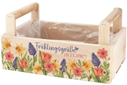 Herz & Heim® Personalisierter Pflanzkorb „Frühlingsgrüße“ aus Holz – Geschenkkorb & Geschenkbox mit Wunschtext – 3 Varianten – Pflanzkiste mit Folie (2 Griffen (26 × 13 × 16 cm))