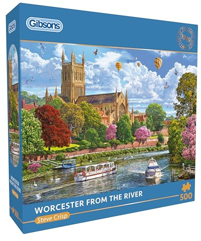 Gibsons Worcester from the River 500 Piece Jigsaw Puzzle for Adults - River Cruise, Nature & Architecture Scene Artwork by Steve Crisp, Premium Sustainable Puzzle Made in the UK/EU - Great Gift