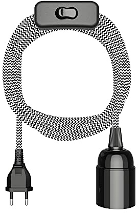 ledscom.de Textil-Lampenkabel LEHA, schwarz/weiß gezackt, 3 m, mit Stecker, Schalter und 1x E27-Fassung, max. 60 W