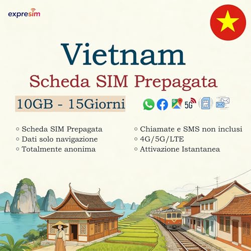 Tarjeta SIM prepago de Vietnam | 10 GB de Datos en velocidades 4G/5G | Tarjeta SIM Solo de Datos móviles | Anonimato Total, sin Registro | Activación instantánea | Válida por 15 días