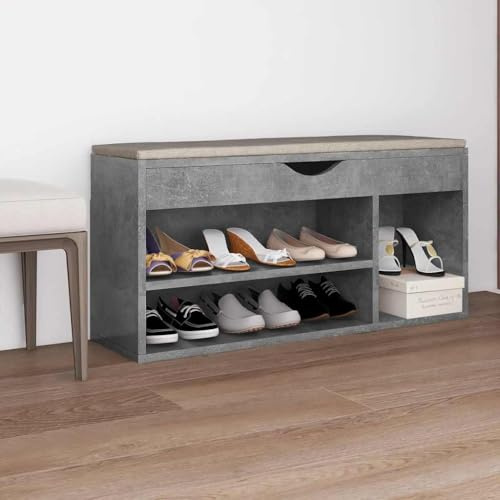 Tonture Schuhbank mit Kissen Betongrau 104x30x49 cm Holzwerkstoff Sitzbank Organizer mit Stauraum für Flur Diele Schlafzimmer platzsparend und bequem zum An- und Ausziehen der Schuhe