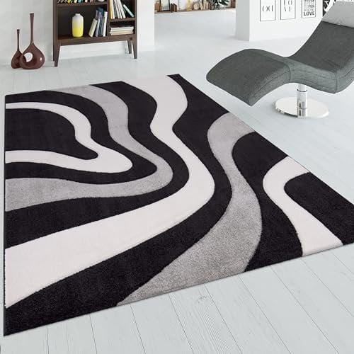 Paco Home Designer Teppich mit Konturenschnitt Wellen Muster Schwarz Grau Weiss, Grösse:200x290 cm