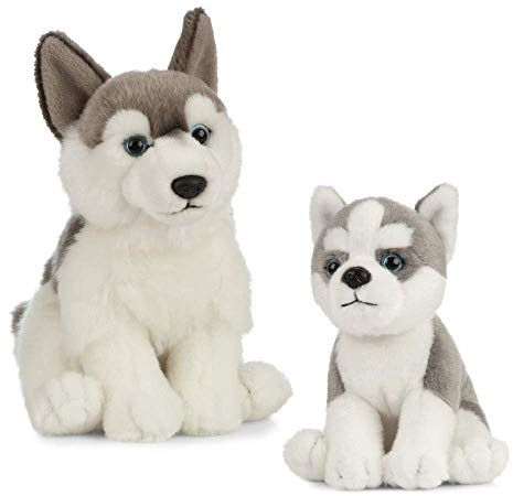 Living Nature Soft Toy Gift Bundle - Plush Husky Dog (20cm) & Puppy (16cm), Grey & White