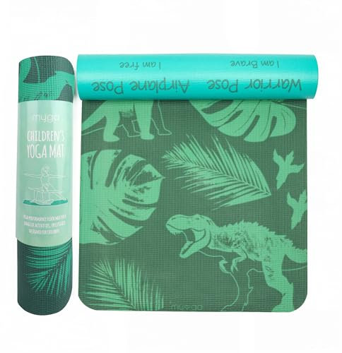 Myga Yogamatte für Kinder – Rutschfeste Kindermatte, Fitness und Übung – Mehrzweckmatte mit 8 Yoga-Posen auf der Rückseite, leicht und reisefreundlich – (150cm x 55cm x 6mm) Jurassic Jungle