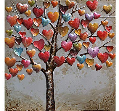 IDYL Tableau Mural en métal avec Effet 3D | Art Moderne | Arbre avec cœurs Multicolores | Feuille de cœur | 60 x 60 x 6 cm