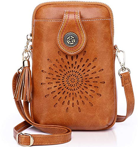 APHISON Designer Phone Bags for Women Crossbody, Sunflower Tassel Vegan Leather Small Crossbody Bags for Women fits Phone Up to 6.7 inches Brown