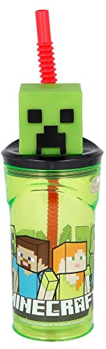 Stor Vaso Infantil Reutilizable con Pajita y Tapa con figurita 3D y Capacidad de 360 ml de Minecraft