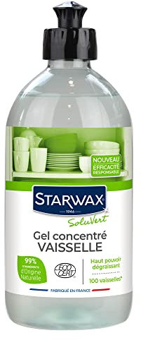STARWAX SOLUVERT - Gel Vaisselle concentré - Haut pouvoir dégraissant - Jusqu'à 100 vaisselles - - 99% d'origine naturelle - Rinçage facile et sans trace - Fabriqué en France - 500ml