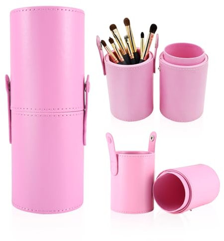 Tissting Supporto per Pennelli da Trucco, Porta Pennelli Make Up Vuoto Custodia per Pennelli Make Up in Pelle PU Plaid con Fibbia, può Contenere da 10 a 18 (Rosa)