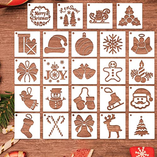 24 Pcs Weihnachten Schablonen für Malerei auf Holz, kleine Weihnachten Schablonen wiederverwendbare Schneeflocke Weihnachtsmann Weihnachtsbaum Zeichnung Malerei Schablonen (3x3 Zoll)