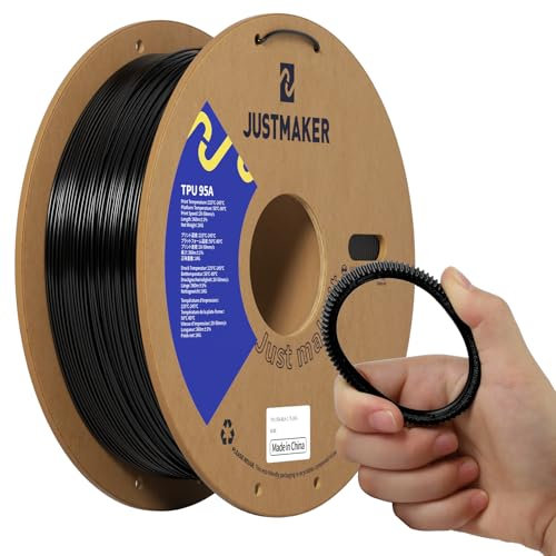 JUSTMAKER TPU 95A 3D-Drucker-Filament, geeignete Widerstandsfähigkeit, Upgrade-Kartonspule, 1 kg, +/-0,05 mm, 1,75 mm, Schwarz