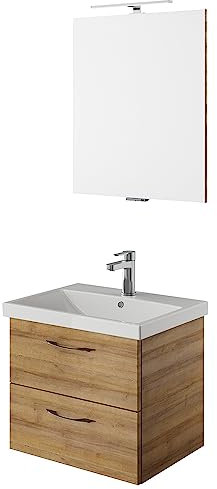 Lomadox Waschplatz Set mit Spiegel und Keramik Waschbecken in Riviera Eiche Nb., B/H/T ca. 60/200/45 cm