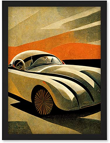 Doppelganger33 LTD Art Deco Vintage Sports Car Sunset Illustration Artwork Framed Wall Art Print A4