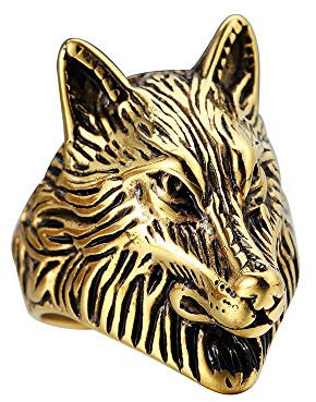 PAMTIER Herren Wolf Tier Ring Edelstahl Jahrgang Gotisch Biker Band Gold Schwarz Größe 70 (22.3)
