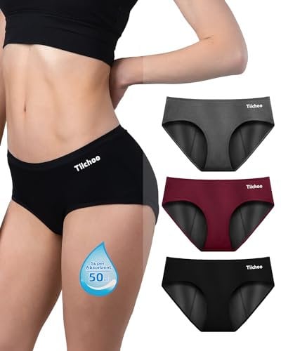 TIICHOO Periodenunterschwäsche Starke Blutung für Frauen & Mädchen Weiche Bequem Periodenslip(XL, Schwarz/Burgund/Grau)