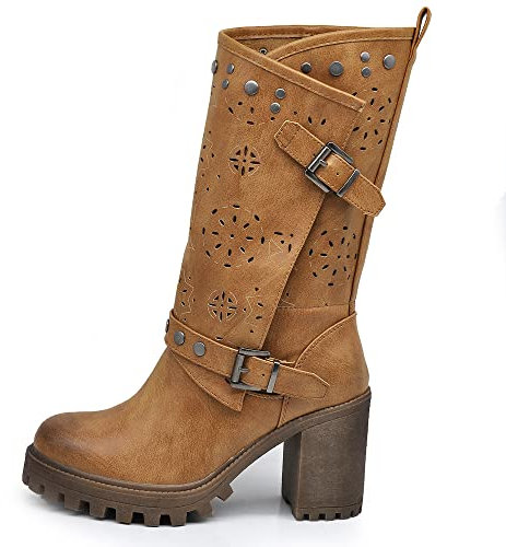 IF FASHION Stivaletti Tronchetti Da Donna Con Tacco Grosso Plateau Borchie Pelle Sintetica G669 camel N.40