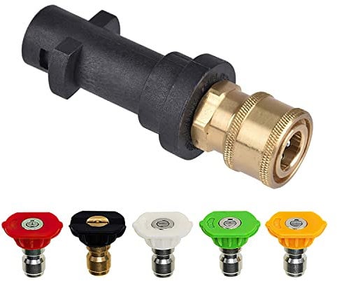 Vaileal Pressure Washer Adapter for Karcher K2 K3 K4 K5 K6 K7, Karcher Quick Connect Adapter with 5 Power Nozzle Tips Multiple Degrees, 1/4'' Quick Connect Female Fitting, 2.5 GPM 3000 PSI
