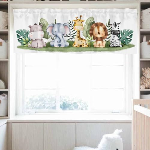HawSkgFub Baby Safari Tiere Kinderzimmer Vorhang Volant 137,2 x 45,7 cm, niedlicher Dschungel, Elefant, Löwe, Zebra, Pflanze, kurze Fensteraufsätze, Vorhang, Stangentasche, Palmblatt, Zuhause, Küche,